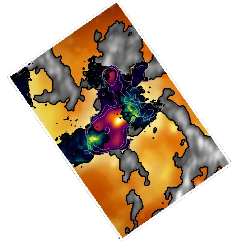 Zoomed, rotated inset of the W33 Main hub: ionised gas traced by VLA K-band radio recombination lines (orange) and VLT/KMOS Brackett-gamma emission (blue-green), overlaid on the VLA NH3 dense-gas map (grey).